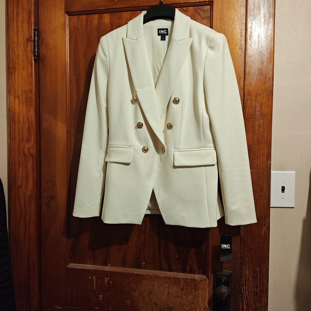 INC International Concepts Cream Double-Breasted Sport Coat with Gold Buttons